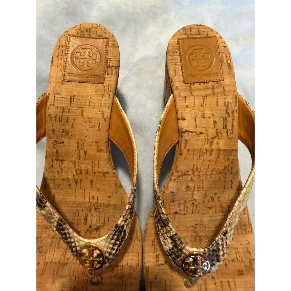 Tory Burch Miller Snakeskin Cork Wedge Sandals Platform Gold Logo Brown 10 1/2M